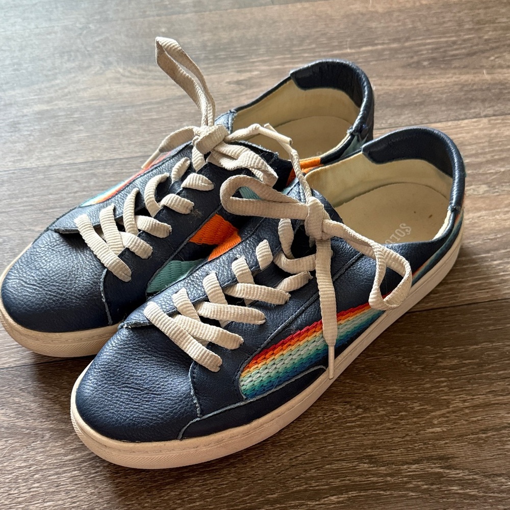 Soludos Navy Leather Sneakers with Rainbow Side Stripes